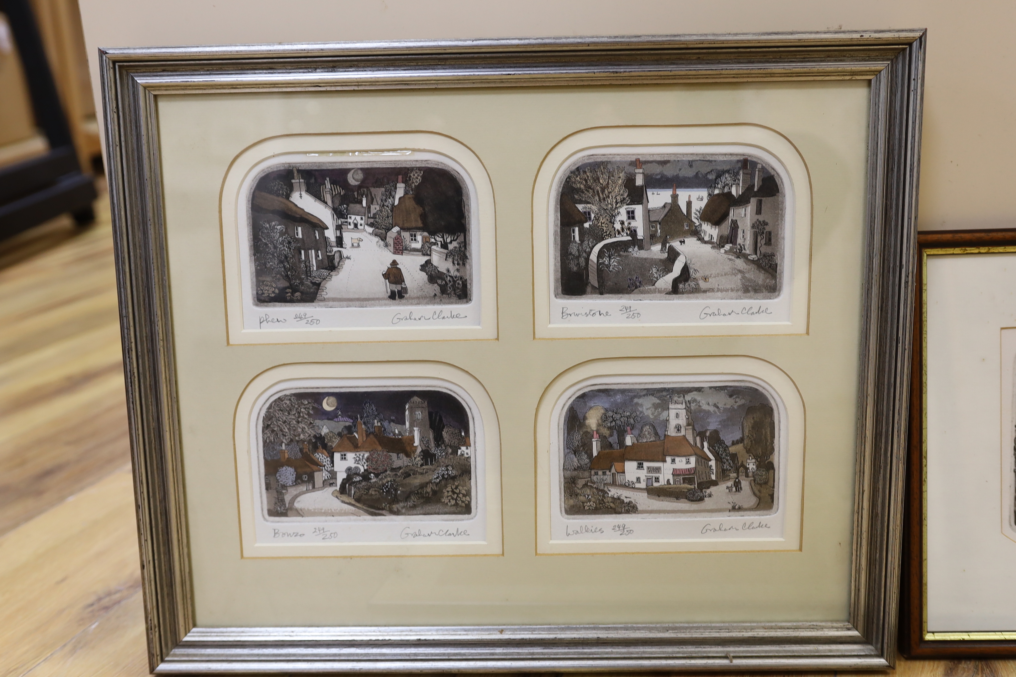 Graham Clarke (b.1941) seven colour etchings, including 'Fish Merchant of Venice', 'Old Jack' and a set of four mounted and framed as one, each signed in pencil and limited edition, largest 38 x 29cm
